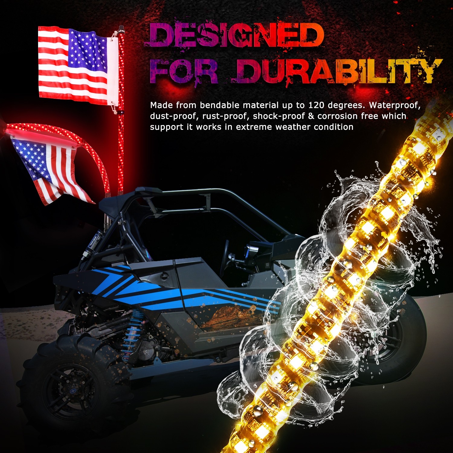 Truck ATV Offroad RZR Can-Am Boat Dune Buggy Nirider 2PCS 3ft LED Whip Lights with Turn/Brake/Reverse Light with Flag Pole Remote Control Spiral RGB Chase Light LED Lighted Antenna Whip for UTV 