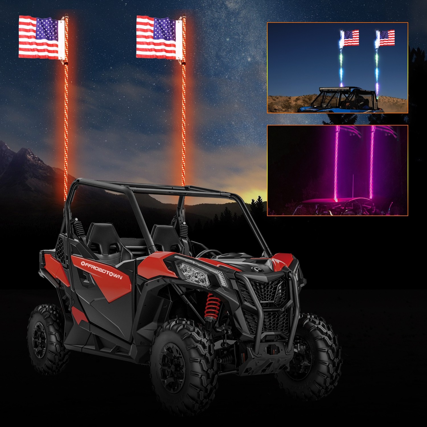2pcs GTP 6ft Spiral LED Whip Lights 360° Twisted 20 Color RGB 21 Modes Lighted Whips Antenna W/Flag for UTV ATV Polaris RZR Quad Off Road Jeep Can-am Maverick Yamaha Sand Dune Buggy 4X4 