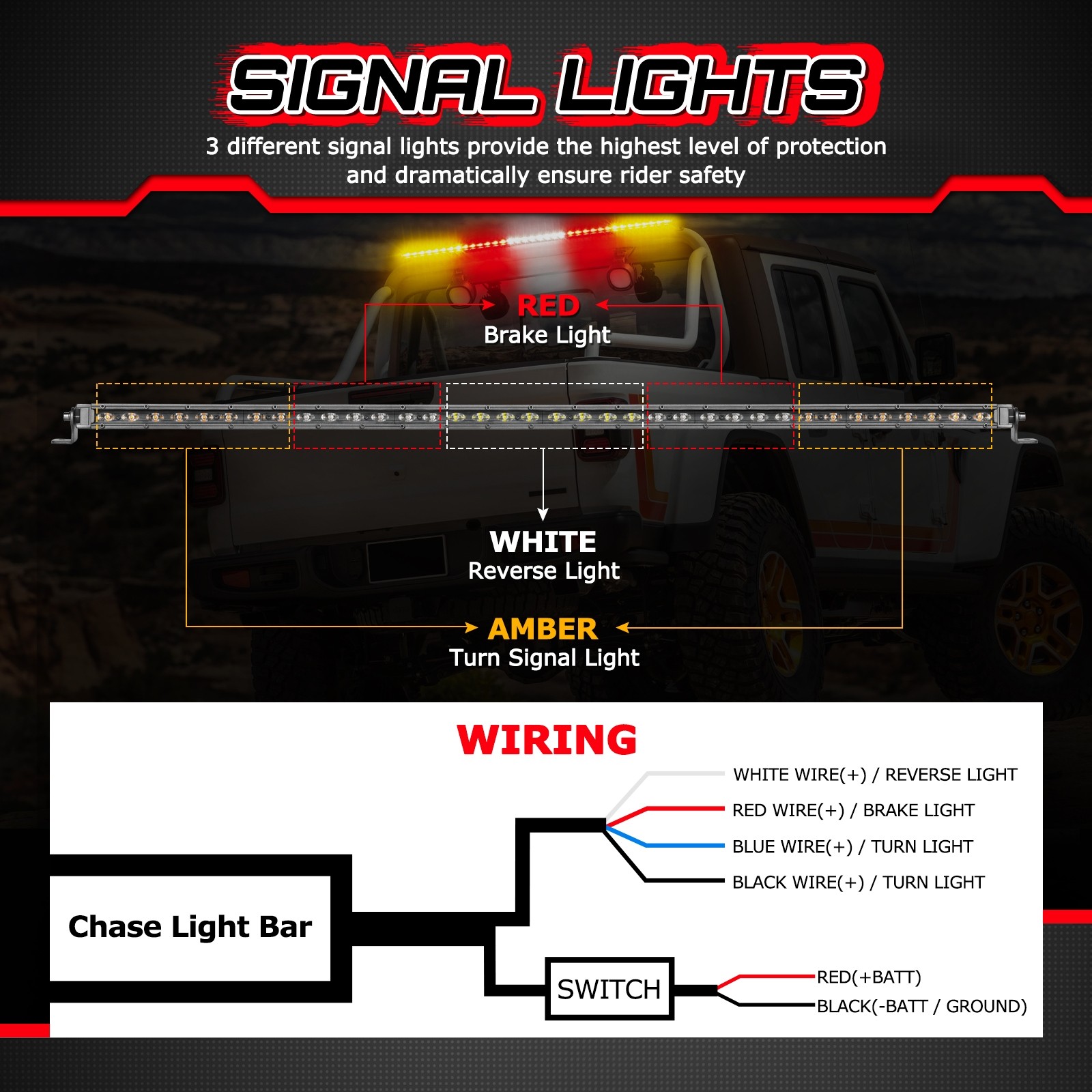 30''Rear Chase LED Light Bar Reverse Brake Warning Turn signal Polaris UTV  Truck