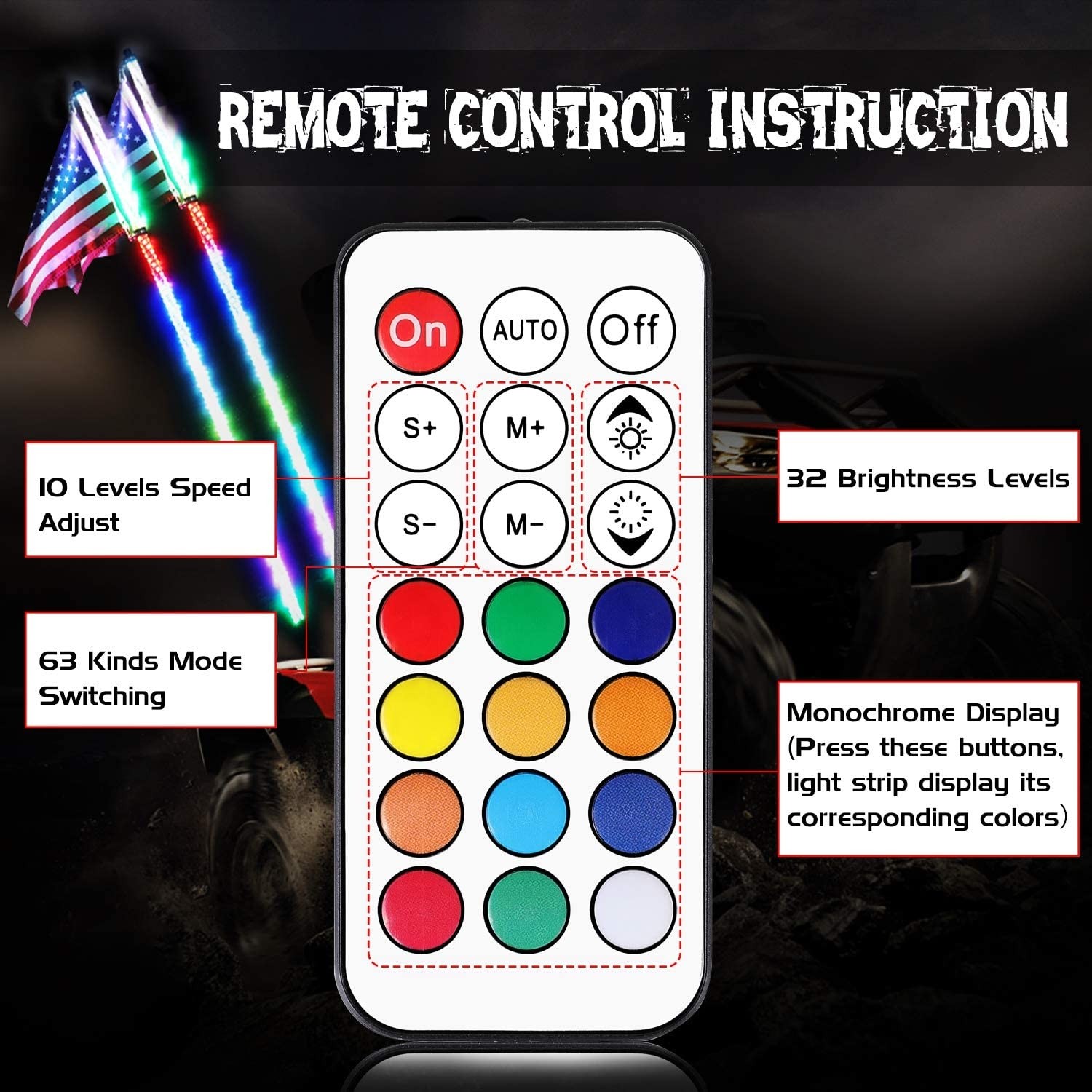 AddSafety 4FT RF Remote Control RGB LED Whips Light with Spring Bases Dancing/Chasing Lights 