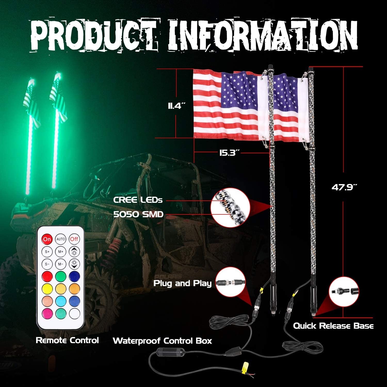 Bestauto Led Whip Lights Spiral RGB Color Lighted Whips for UTV Dancing/Chasing Led CB Antenna 4ft 2pcs Off-Road Whips Remote Wireless Control LED Whips for Sand Dune UTV ATV Polaris Accessories Jeep 