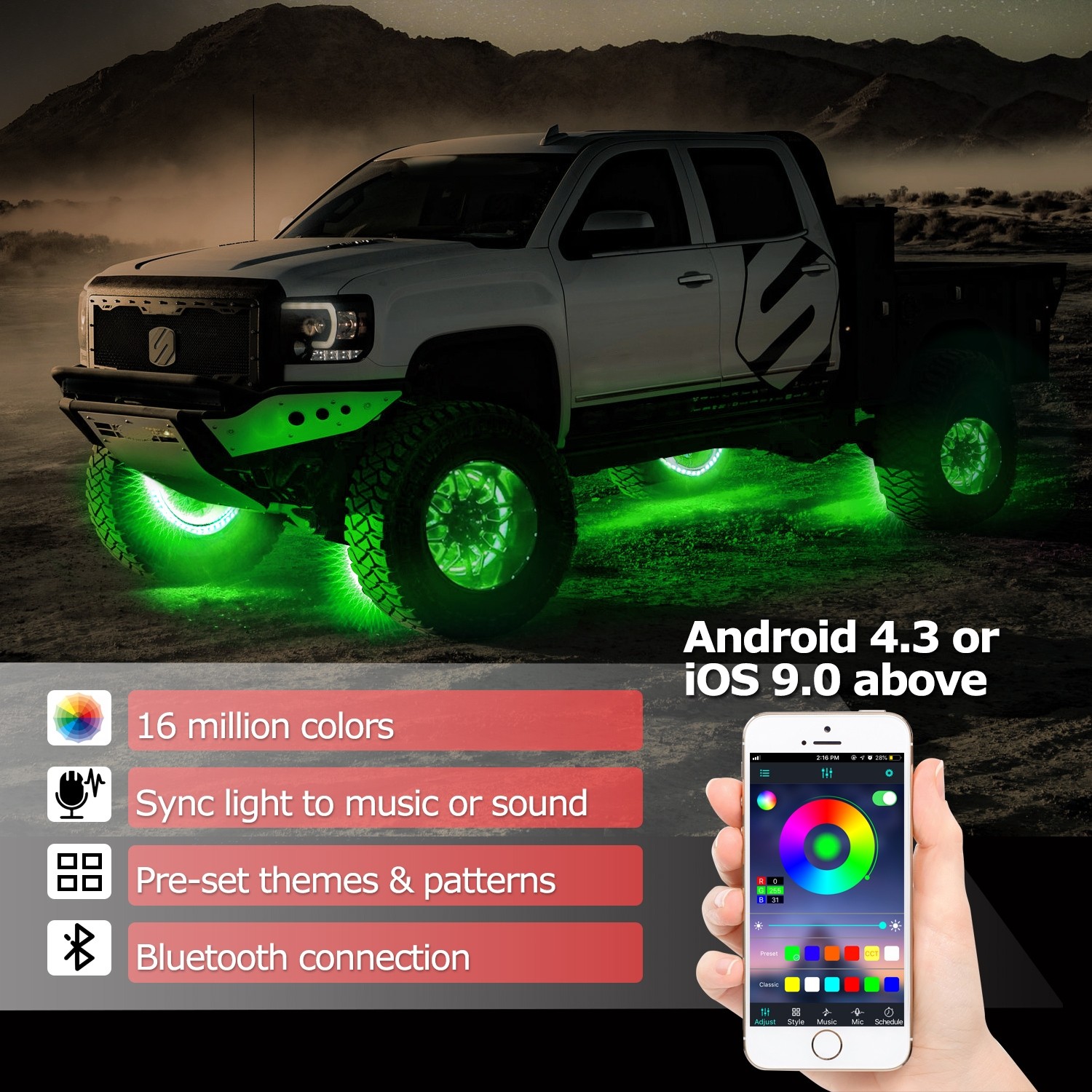 FIA OFF-Road 15.5" RGB LED Wheel Rings Lights Bluetooth IP68 4Pcs Set Turn Brake