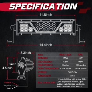 OFFROADTOWN 12 Inch LED Light Bar with Amber DRL Offroad LED Pods Bumper Light 3 Modes 120W Fog Driving Lights Combo Yellow Daytime Running light Bull Bar Lights for UTV ATV Truck Pickup Jeep Ford 