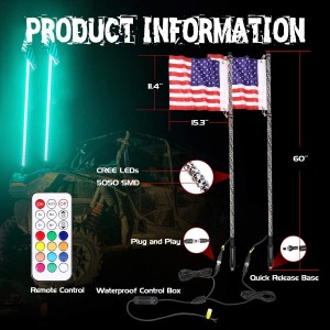 LED Whip Lights, OFFROADTOWN 2PCS 5FT Lighted Whips with Flag RF Remote Control Spiral Dancing/Chasing Light Antenna LED Whips For ATV UTV RZR Jeep Trucks 4X4 Buggy Dune 