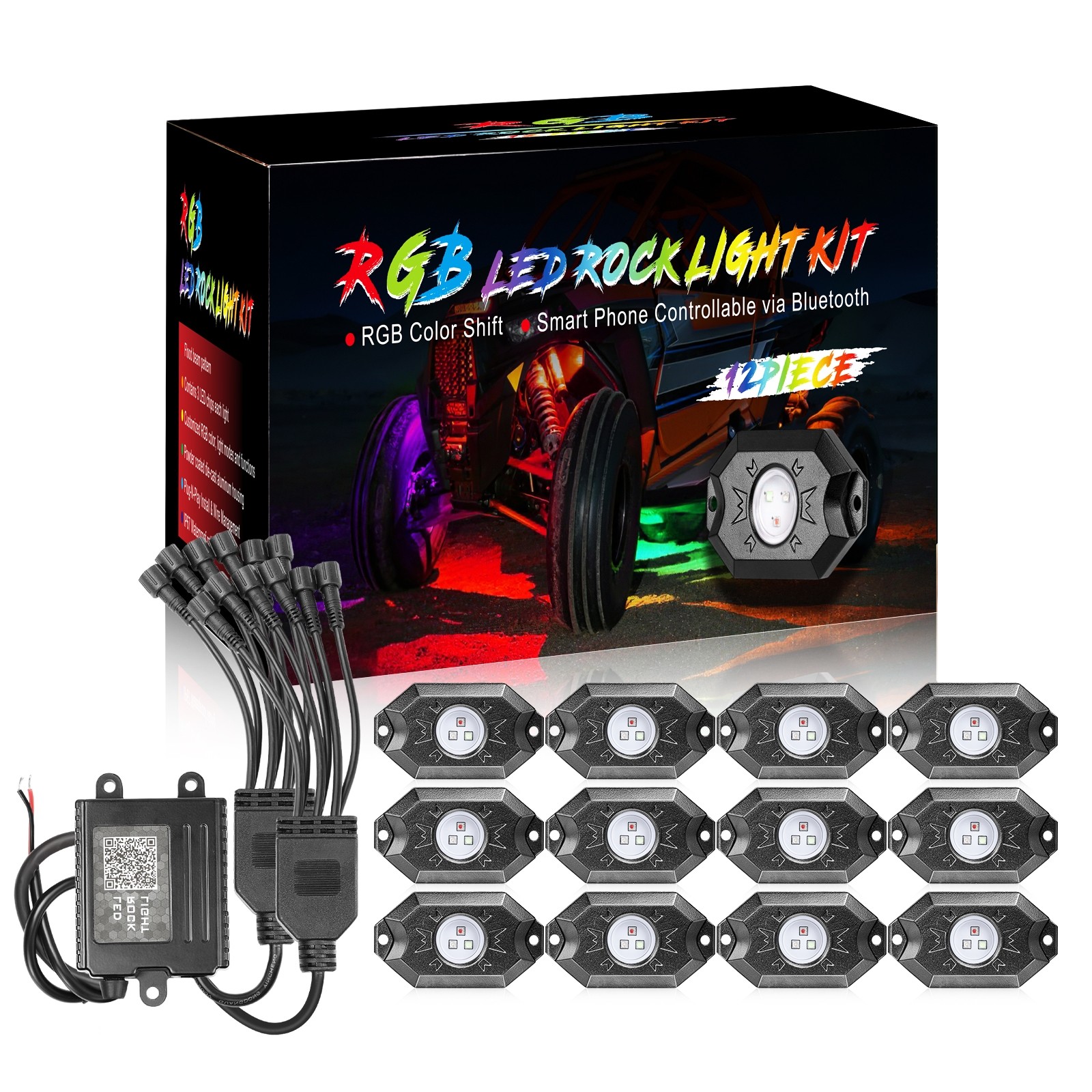 OFFROADTOWN RGB Rock Light Kits, RGB LED Rock Lights with 12 pods Lights Multicolor Neon Trail Rig Lights Underglow Wheel Well Rock Lights for UTV ATV SUV Off Road Truck Boat 