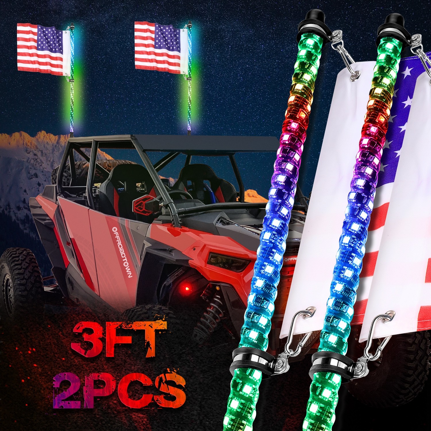 Accessories for ATV JDMON 2pc 3ft LED Whip Lights RGB Dancing/Chasing Light Application and Remote Control 360° Spiral Whip Lights w/Flag 366 Modes/300 Colors/Weatherproof Lighted Antenna Whips 