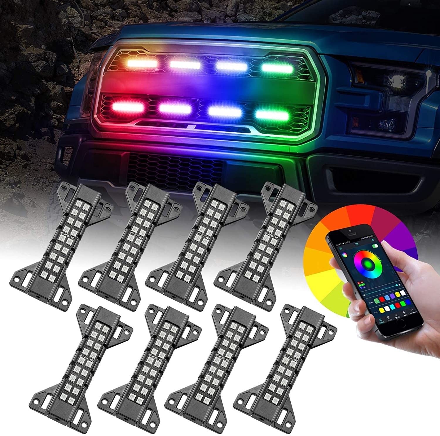  OFFROADTOWN LED Grille Lights, 8 Pack RGB Lighting Kit for Grille Raptor Lights Front Grille Lights Strobe Lights Neon Lights APP Control for Truck Ford Tacoma Chevy UTV Car Raptor Grille Accessories 