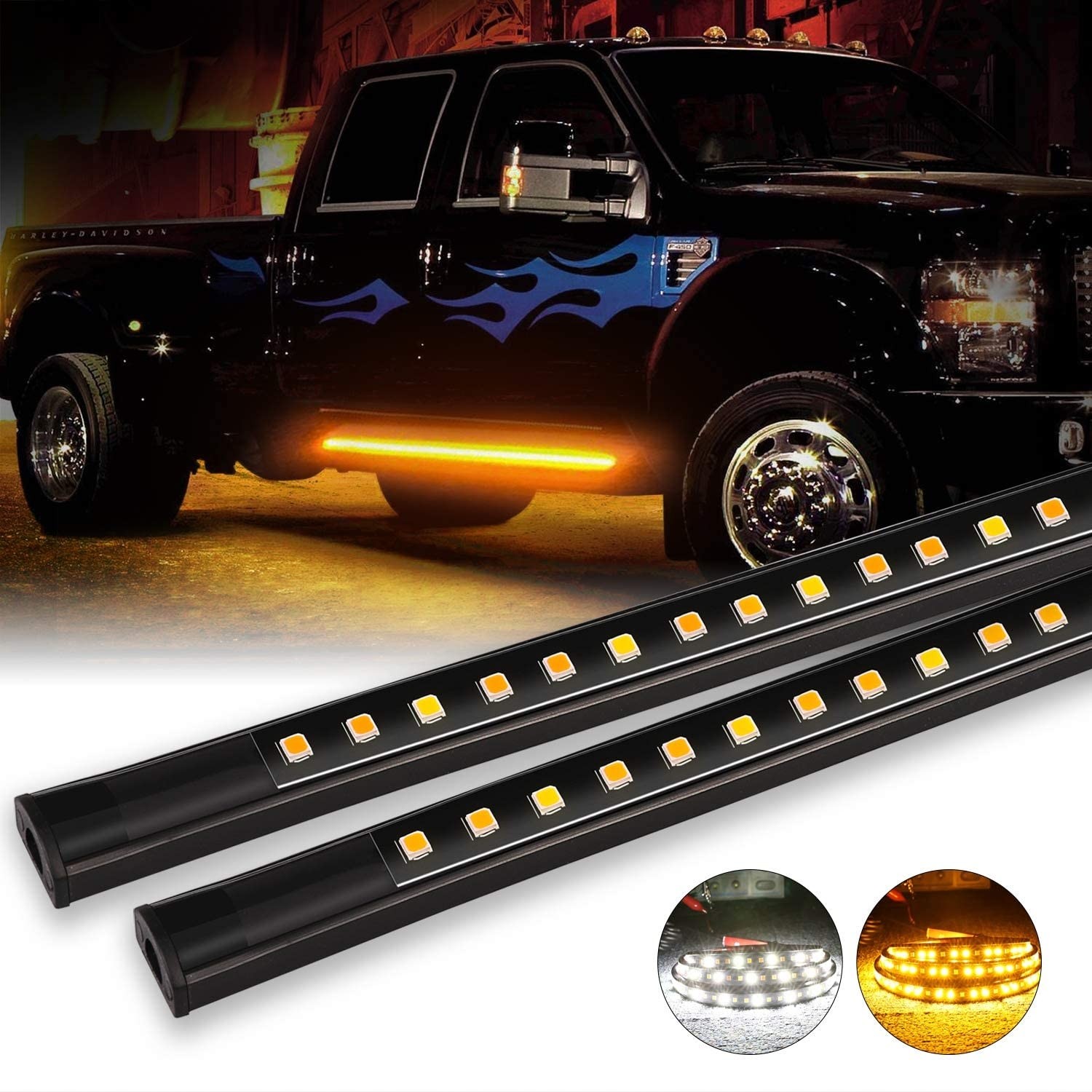 SUV 70 inch Pickup Niwaker 2Pcs 70 Inch Truck LED Running Board Lights for Extended Cab & Crew Cab Trucks Amber/White Turn Signal Side Marker & Courtesy Light Bar Strip Truck Bed lights for Trucks 