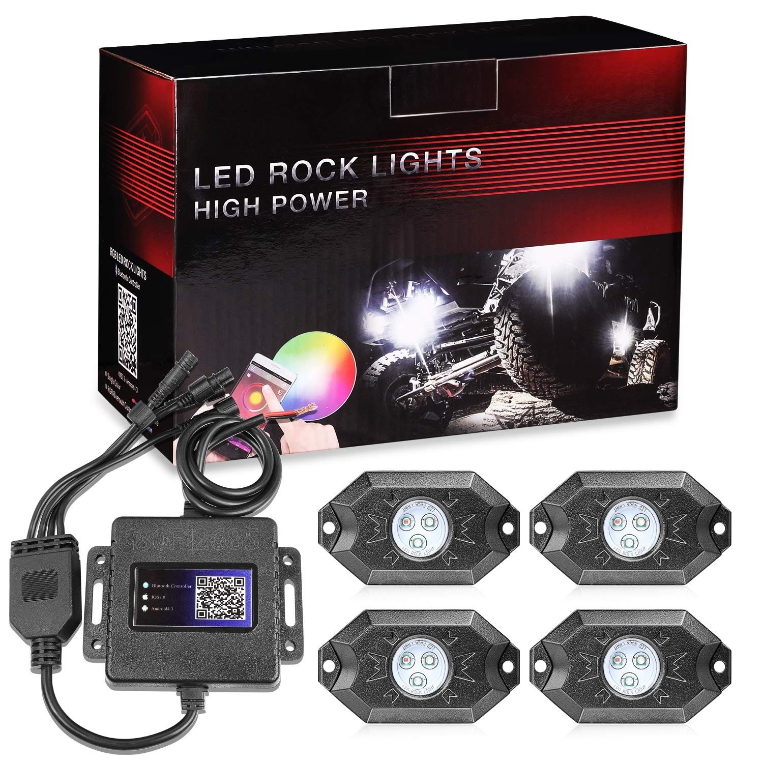 RGB Rock Lights Kit SUPAREE LED Neon Lights with Bluetooth Remote Controller Fit Jeep Wrangler UTV ATV Truck 4 Pods 