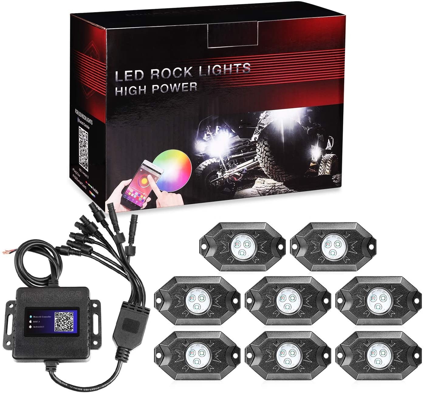 RGB Rock Light Kits, OFFROADTOWN RGB LED Rock Lights with 8 pods Lights Neon Trail Rig Lights Underglow UTV ATV SUV Off Road Truck Boat 