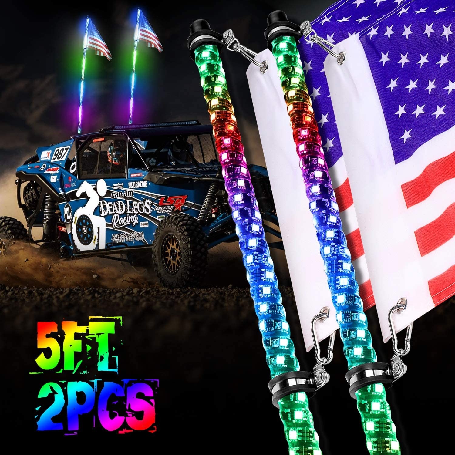 LED Whip Lights, OFFROADTOWN 2PCS 5FT Lighted Whips with Flag RF Remote Control Spiral Dancing/Chasing Light Antenna LED Whips For ATV UTV RZR Jeep Trucks 4X4 Buggy Dune 