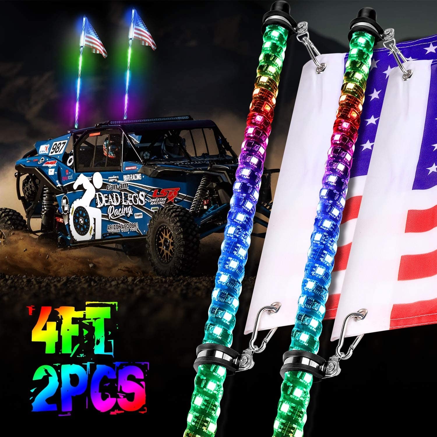 DJI 4X4 2Pack 4FT Lighted Whips Bluetooth Spiral Dancing/Chasing Light LED Antenna Whips for ATV UTV RZR Polaris Off Road Jeep Trucks 4x4 Buggy Dune LED Whip Lights 