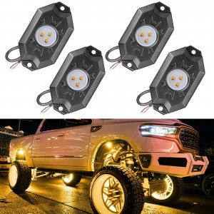 Rock Light Kits, OFFROADTOWN Amber LED Rock Lights Kits with 4 Pods Yellow Waterproof LED Neon Underglow Light for Car Truck ATV UTV SUV Offroad Boat Underbody Glow Trail Rig Lamp 